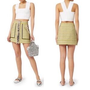 Veronica Beard Lynden Yellow White Striped Fringe Tweed Designer Mini Skirt Sz 2